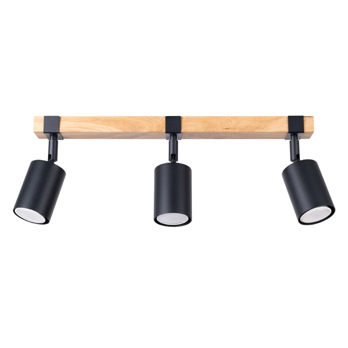 Plafonnier trois spots noirs orientables sur barre en bois clair, fond blanc.