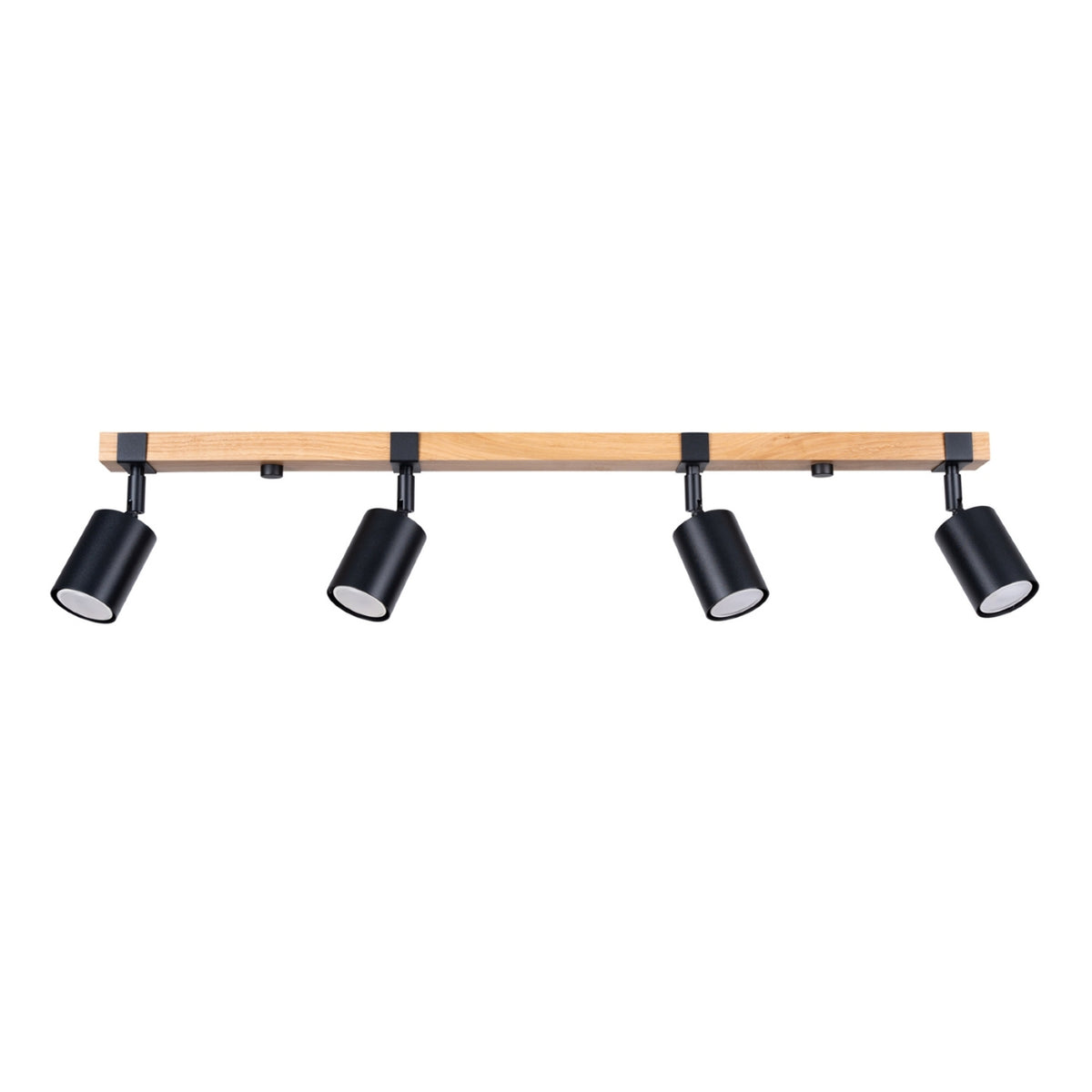 Plafonnier linéaire en bois clair avec quatre projecteurs cylindriques noirs orientables, vue de face.