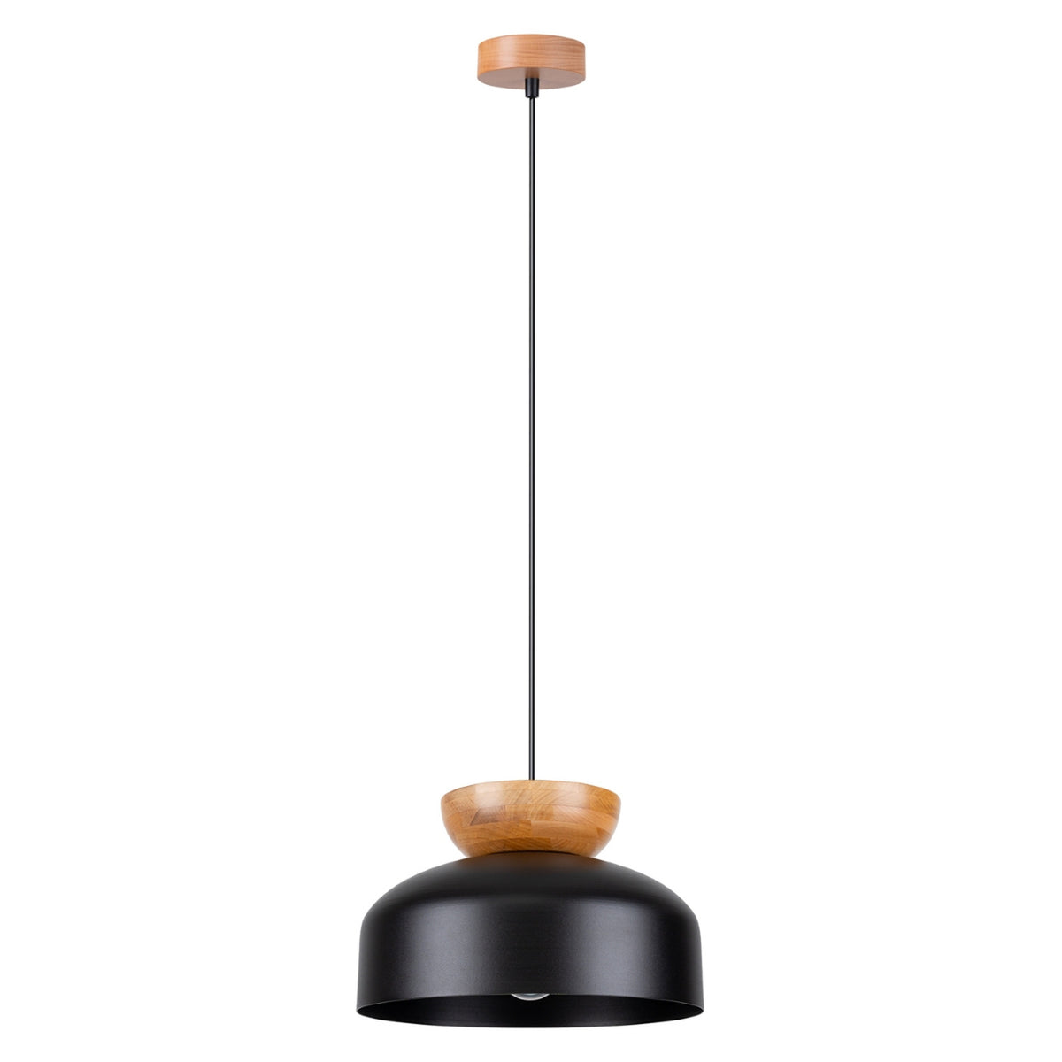 Vue de face du luminaire suspendu complet, fond blanc, câble et fixation bois.