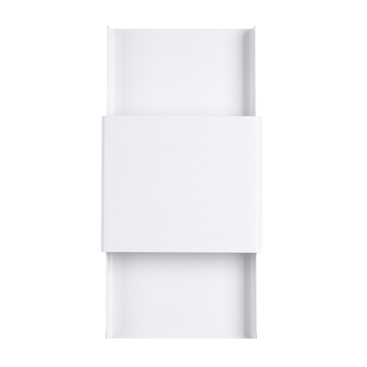Applique murale blanche rectangulaire de face sur fond blanc, éclairage indirect haut et bas