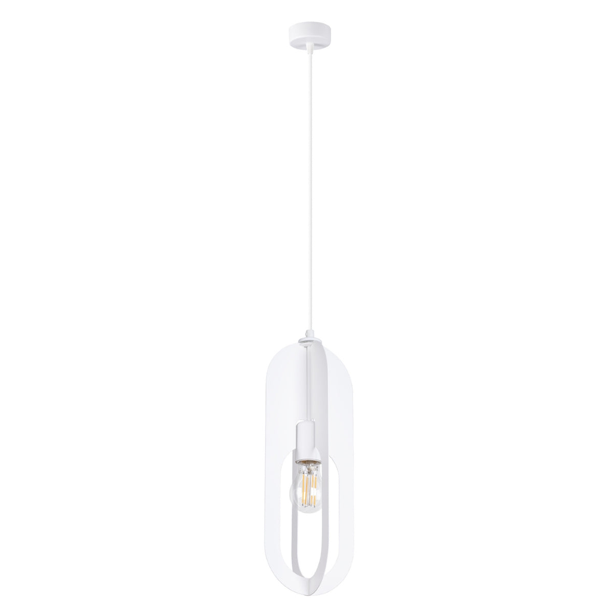 Lampe suspendue blanche de face sur fond blanc, abat-jour ovale ouvert et ampoule visible.