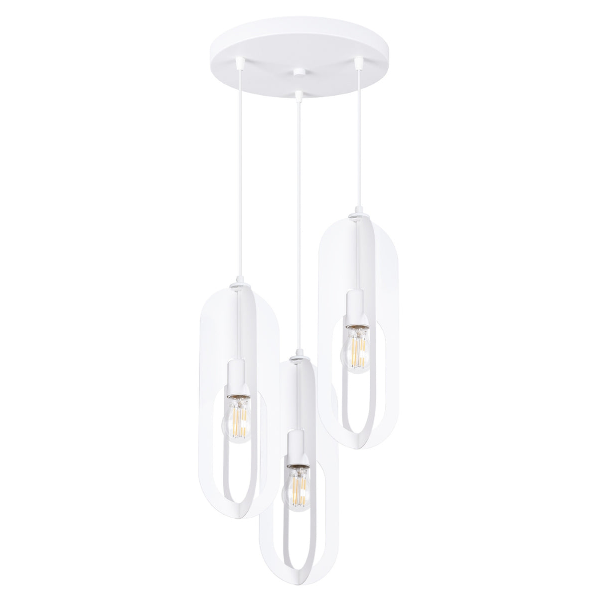 Lampe suspendue blanche à trois abat-jours ovales ajourés, vue de face sur fond blanc.