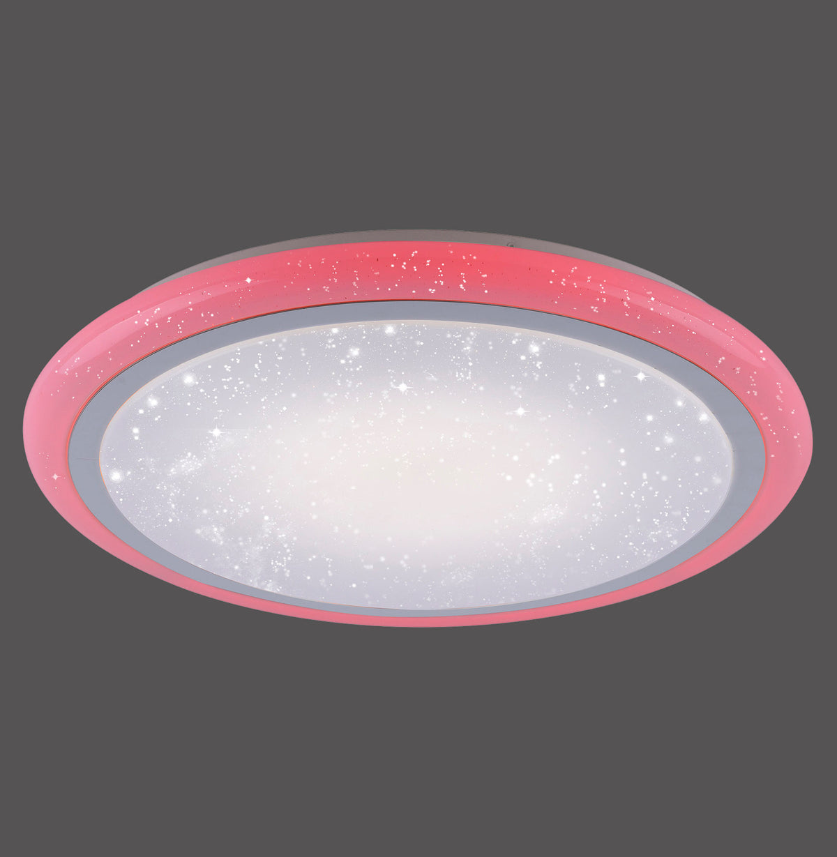 Plafonnier rond rose à effet ciel étoilé, vue de face sur fond gris