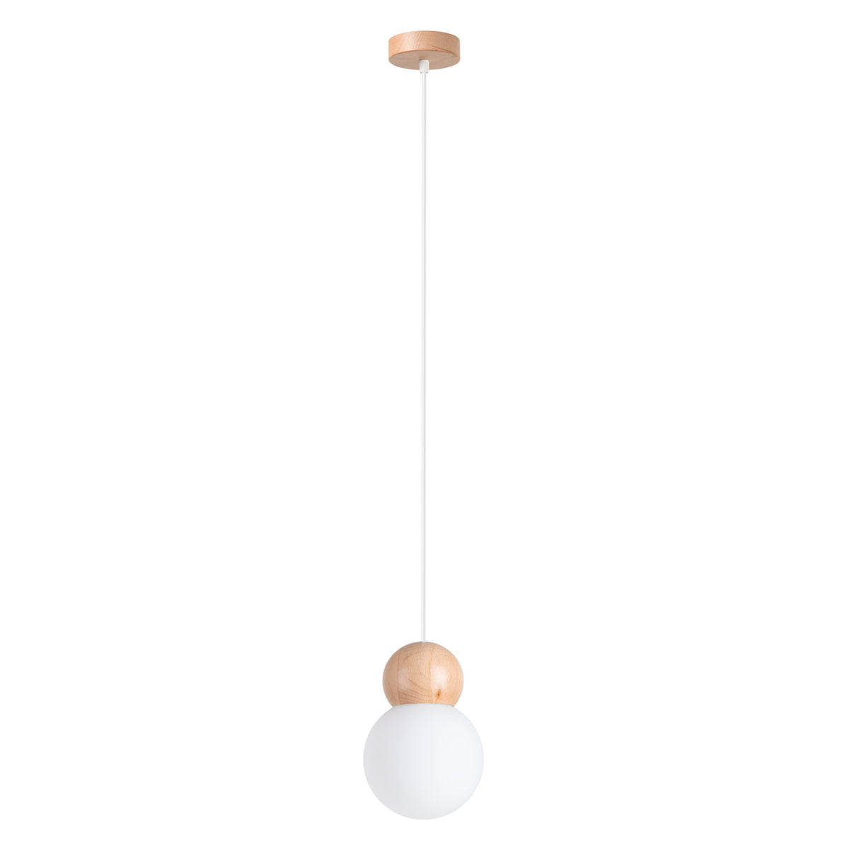 Vue de face du luminaire suspendu, câble blanc et diffuseur sphérique
