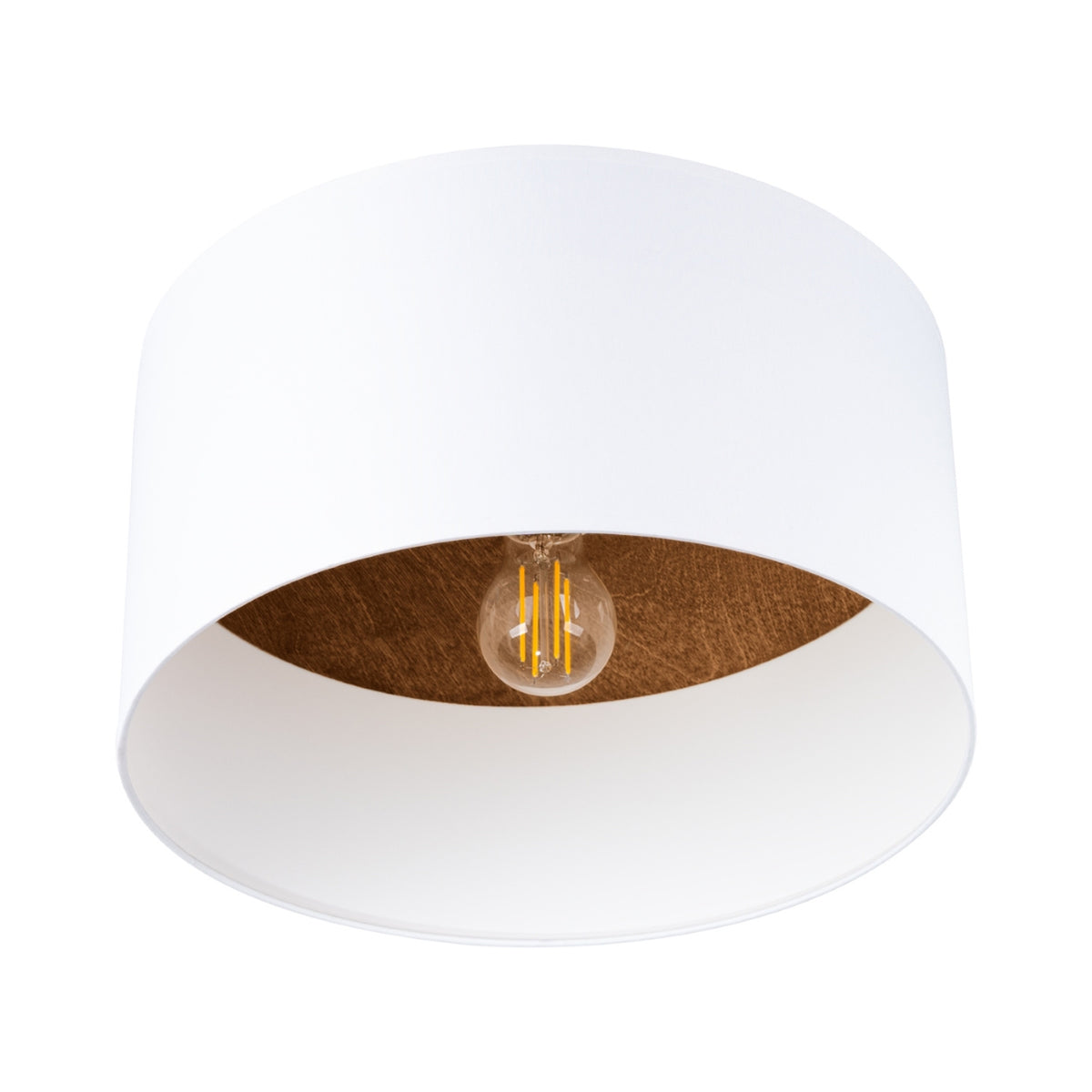 Plafonnier cylindrique blanc avec intérieur en bois foncé et ampoule visible