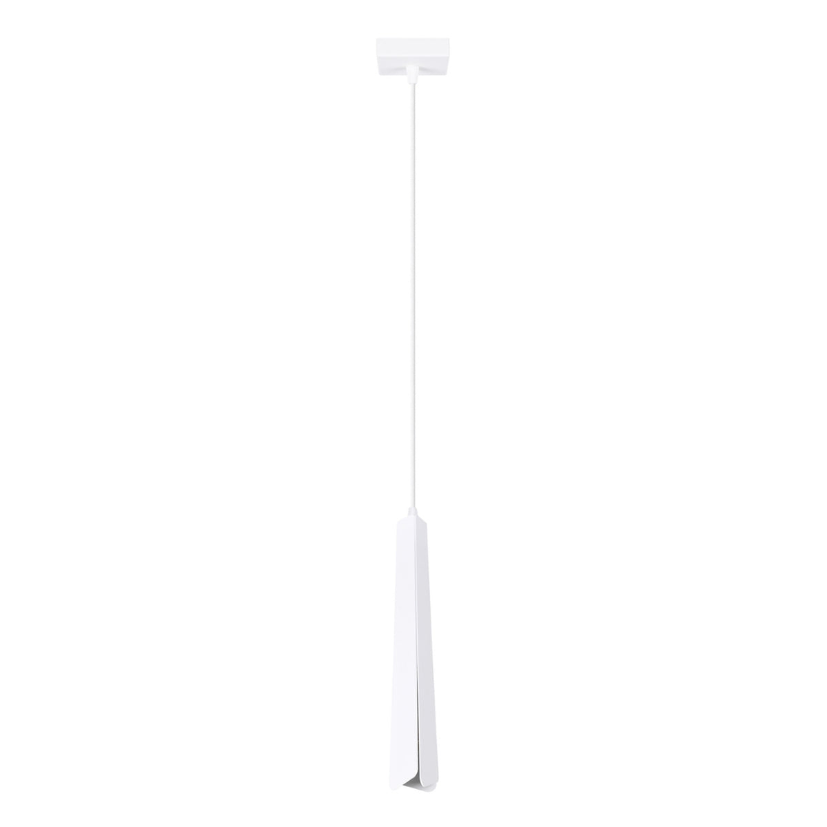 Vue de face du luminaire suspendu blanc sur fond blanc, cordon fin et abat-jour plié.