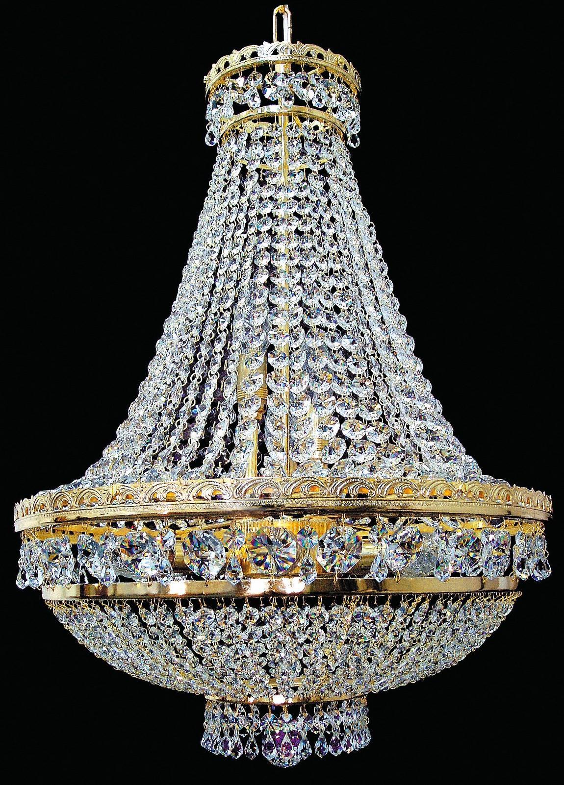 Luminaire complet de face, cristal et monture dorée sur fond noir