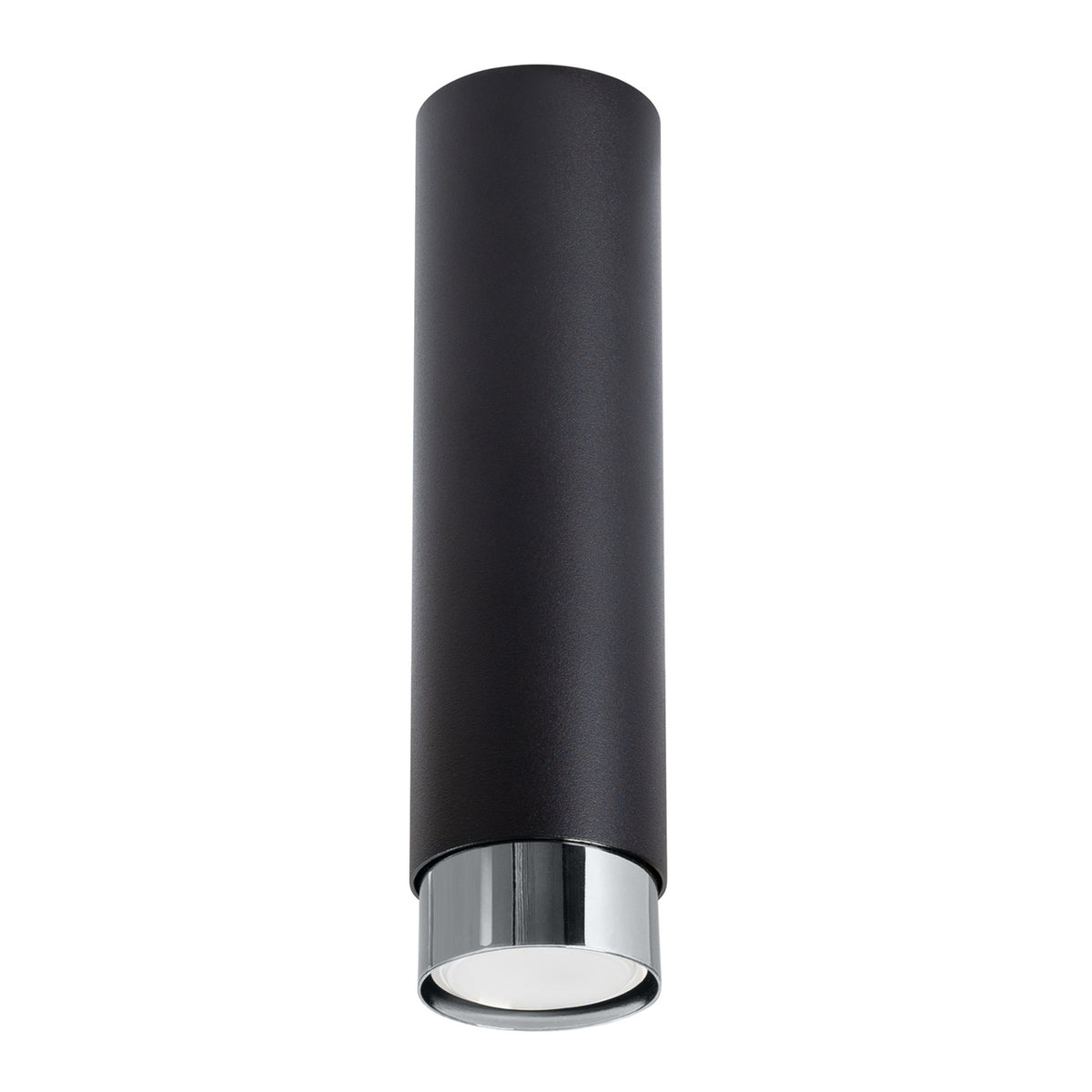 Plafonnier cylindrique noir mat avec embout chromé, présenté de face sur fond blanc.