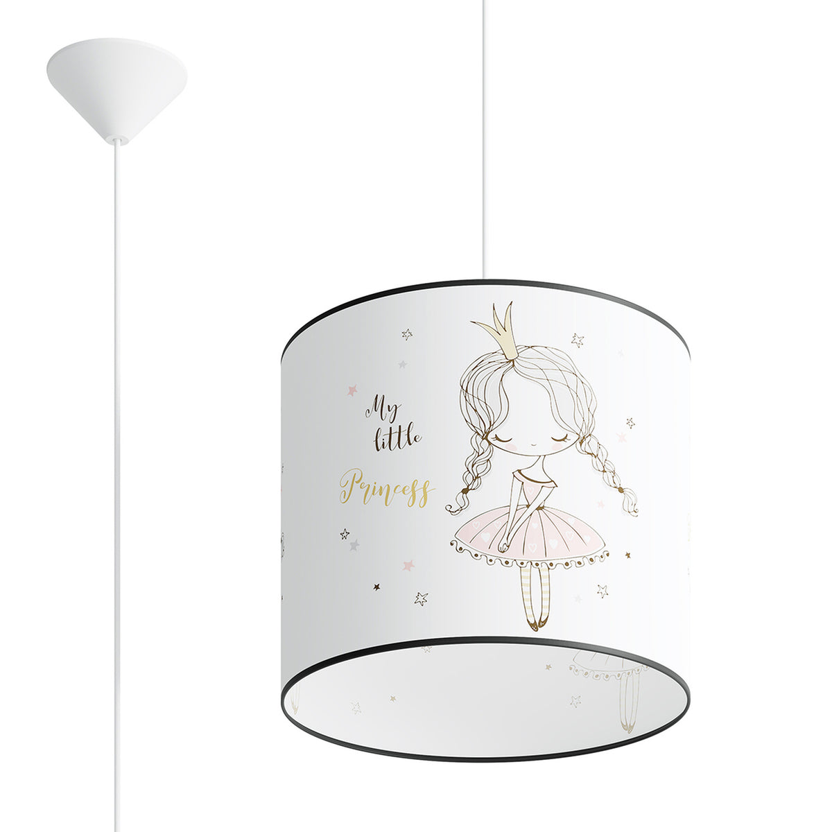 Luminaire suspendu cylindrique blanc avec illustration de princesse et texte My little Princess.