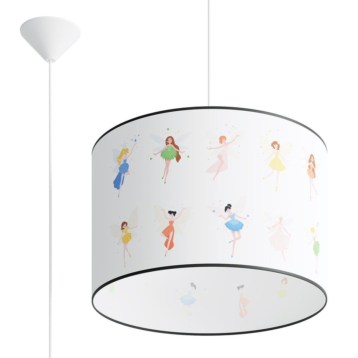 Vue de face du luminaire suspendu avec abat-jour cylindrique illustré de fées.