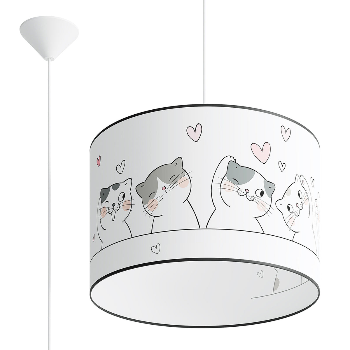 Lampe suspendue blanche cylindrique avec motif de chats et cœurs, câble et fixation plafond apparents.
