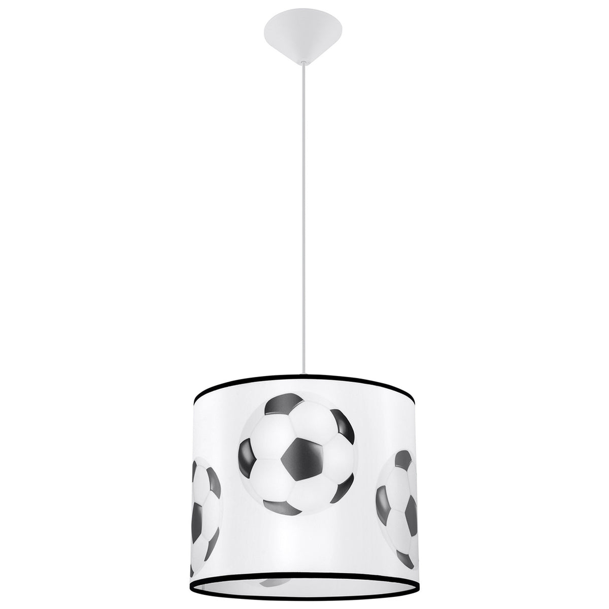 Vue de face du luminaire suspendu, abat-jour cylindrique blanc à motif ballons de football.