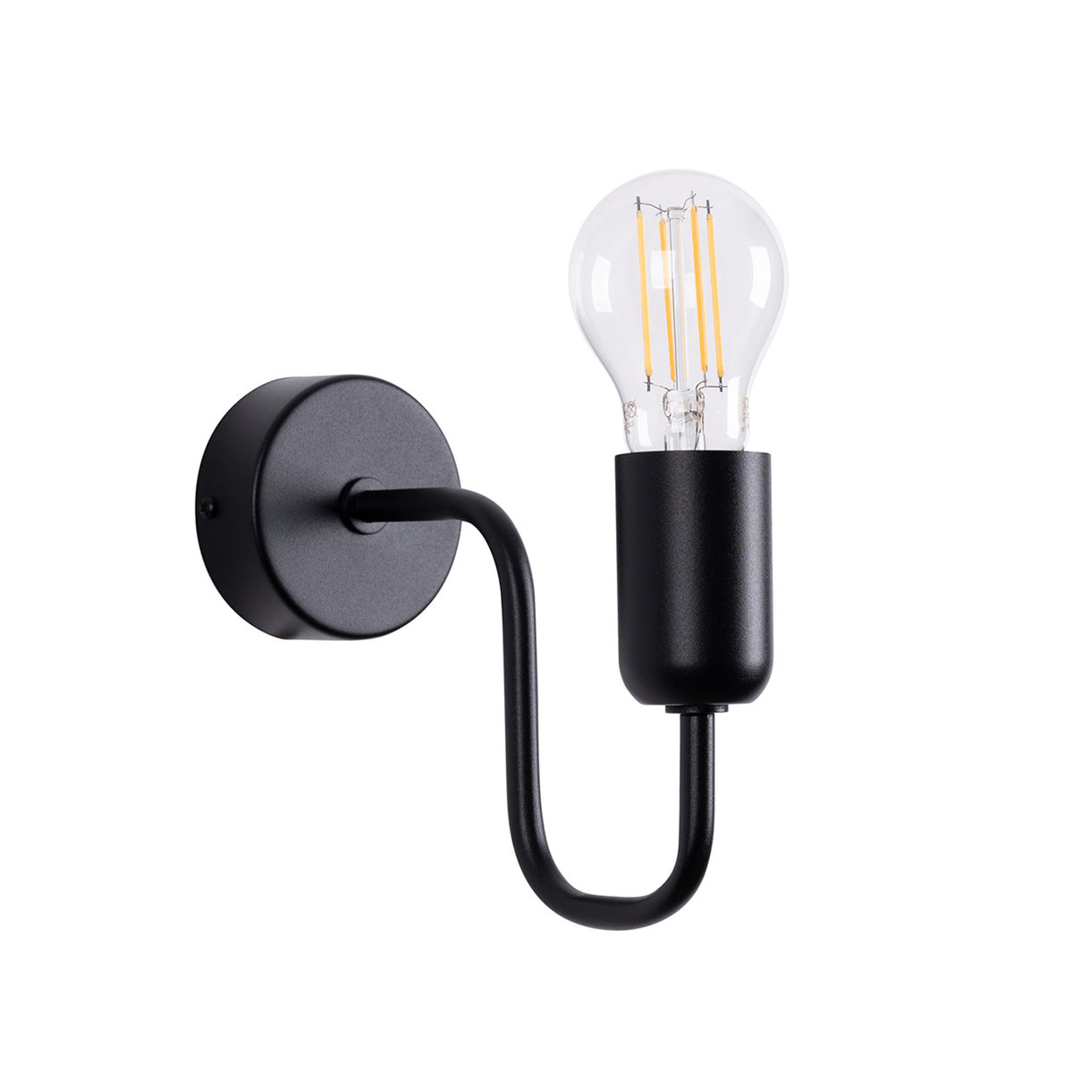 Applique murale noire vue de trois quarts avec ampoule filament transparente