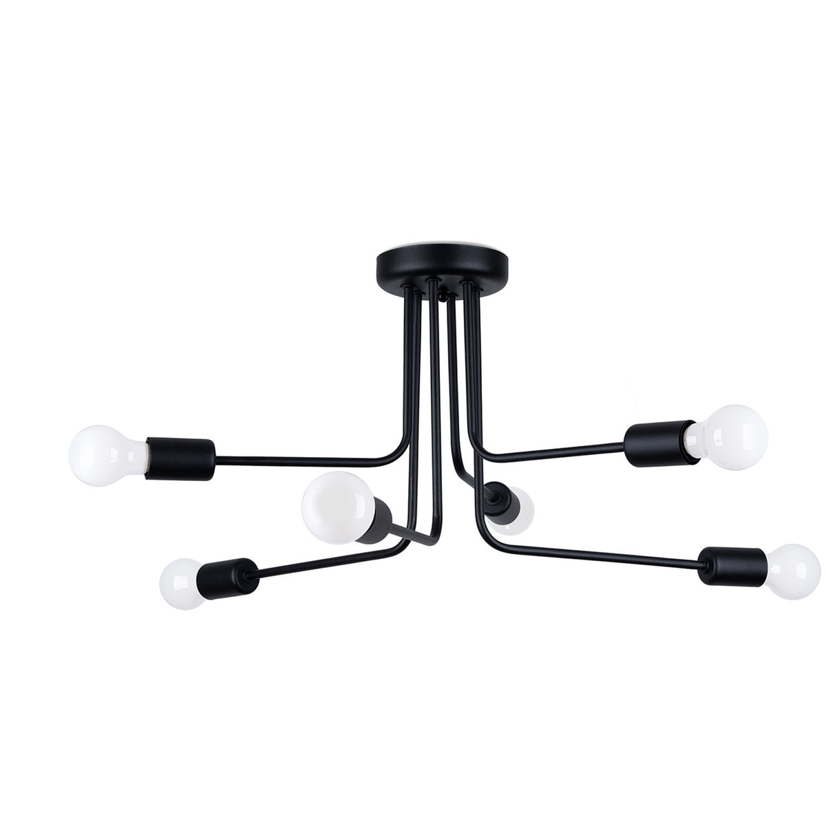 Lustre six branches noir mat présenté de face sur fond blanc, ampoules globes opalines