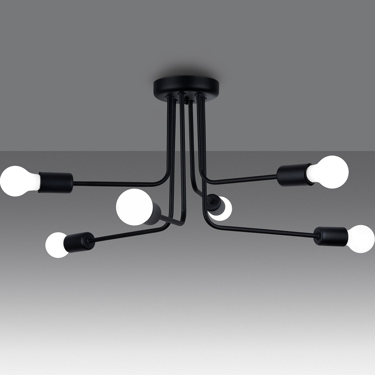 Mise en ambiance éclairée : les six globes blancs diffusent une lumière douce et uniforme