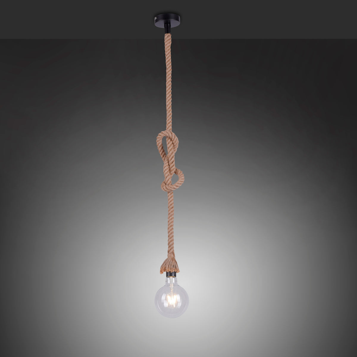 Gros plan du luminaire allumé sur fond dégradé gris, ampoule à filament visible