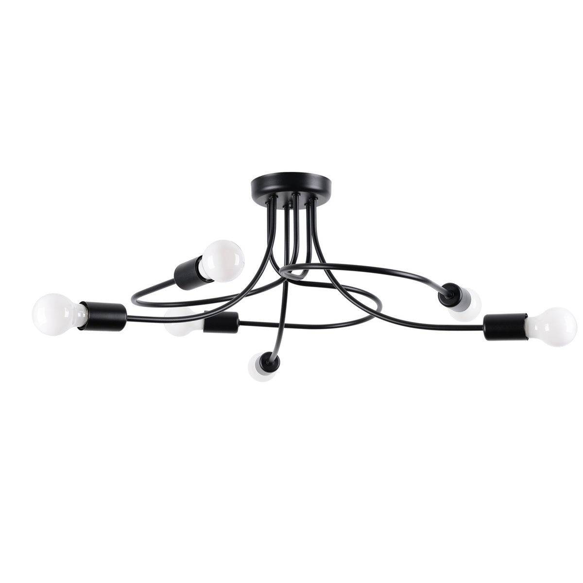 Lustre plafonnier noir a six bras courbes vu de face sur fond blanc