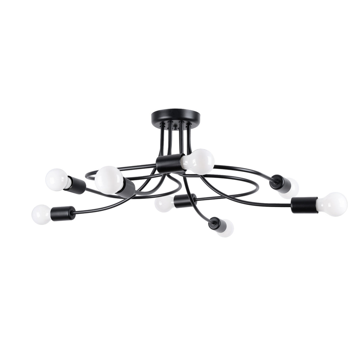 Lustre noir à huit bras courbés et ampoules blanches, vue de face sur fond blanc.