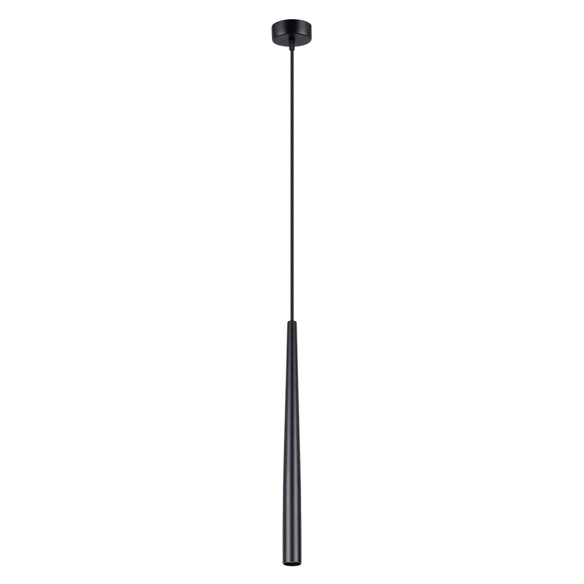 Suspension noire de face sur fond blanc, câble et rosace visibles