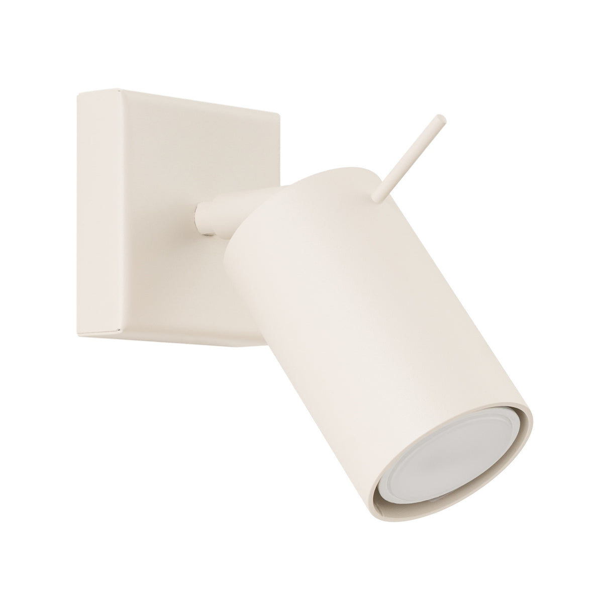 Vue rapprochée de l'applique beige, base carrée et projecteur cylindrique orientable.