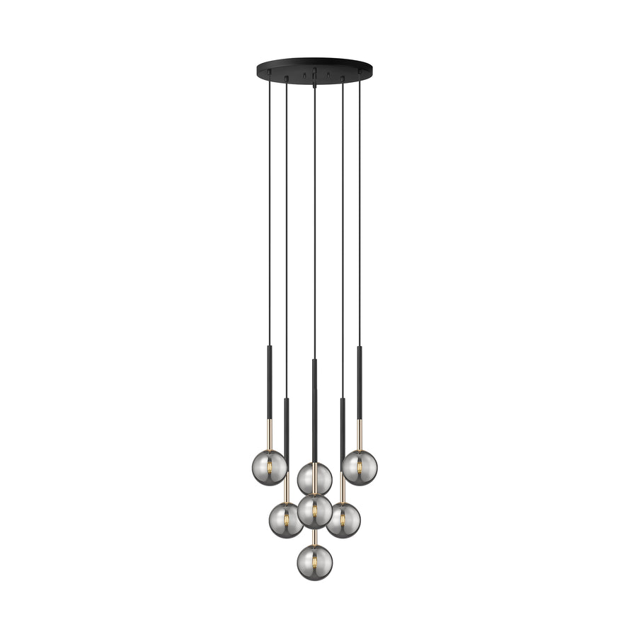 Suspension sept globes en verre fumé, vue de face sur fond blanc