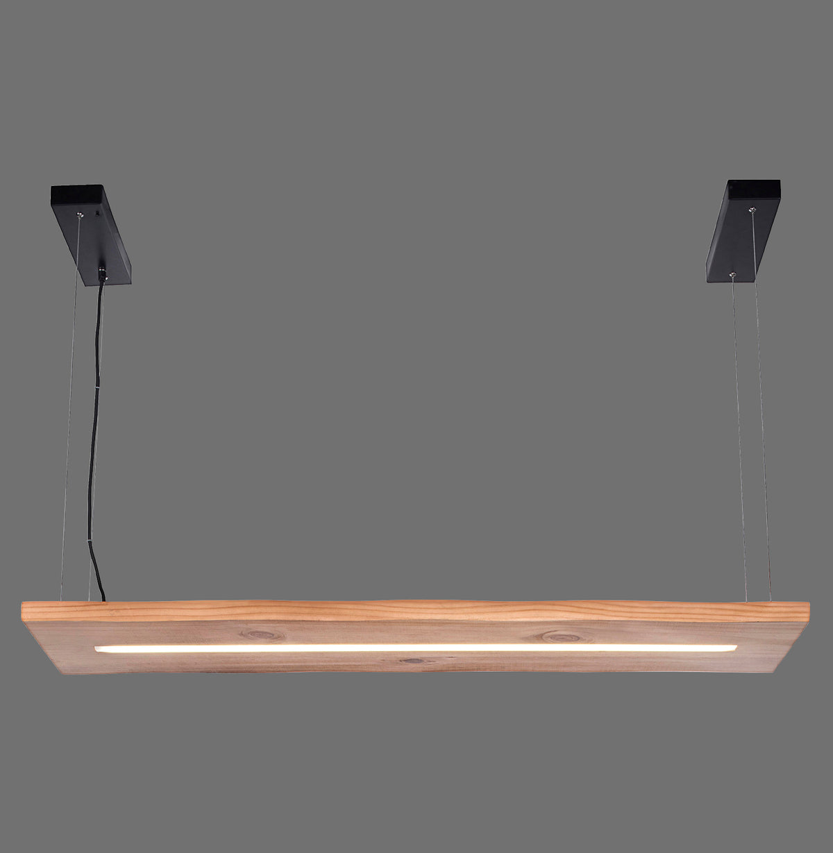 Suspension vue de face, barre de bois clair et fine bande LED sur fond gris