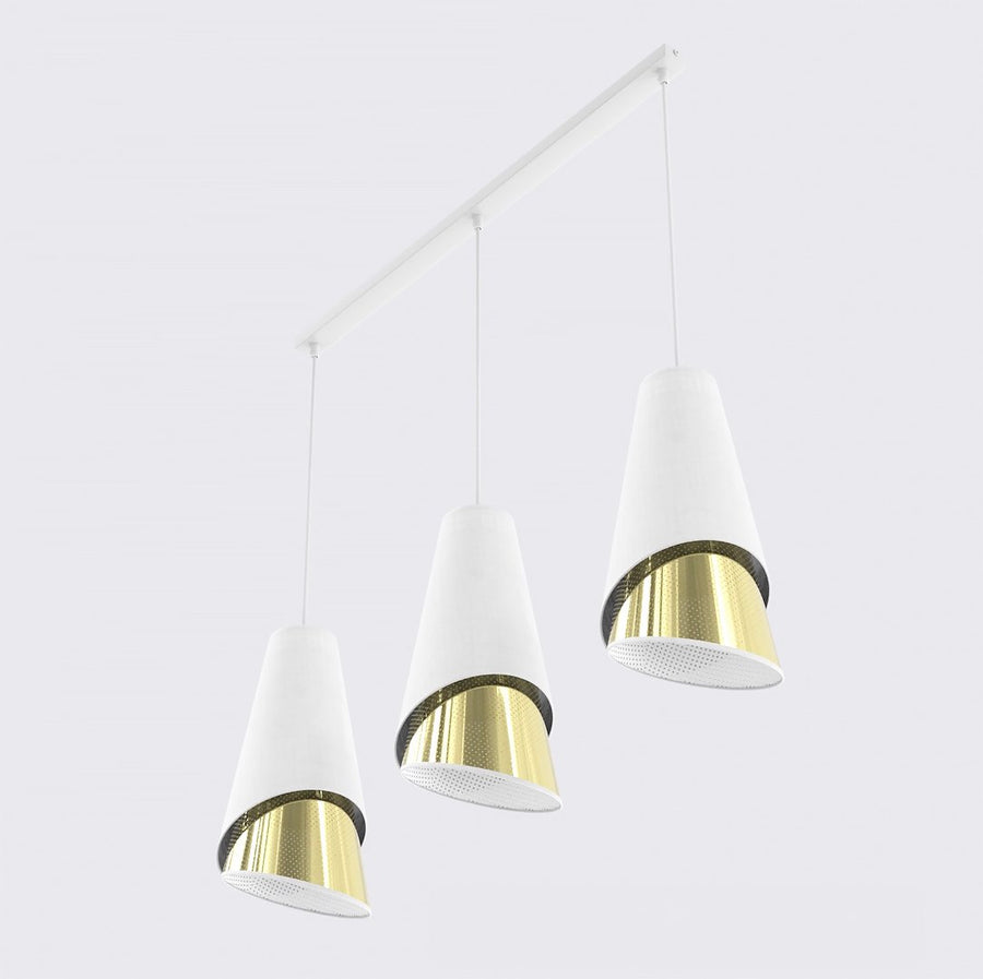 Suspension Moda 3 lumières blanche, tissu doré