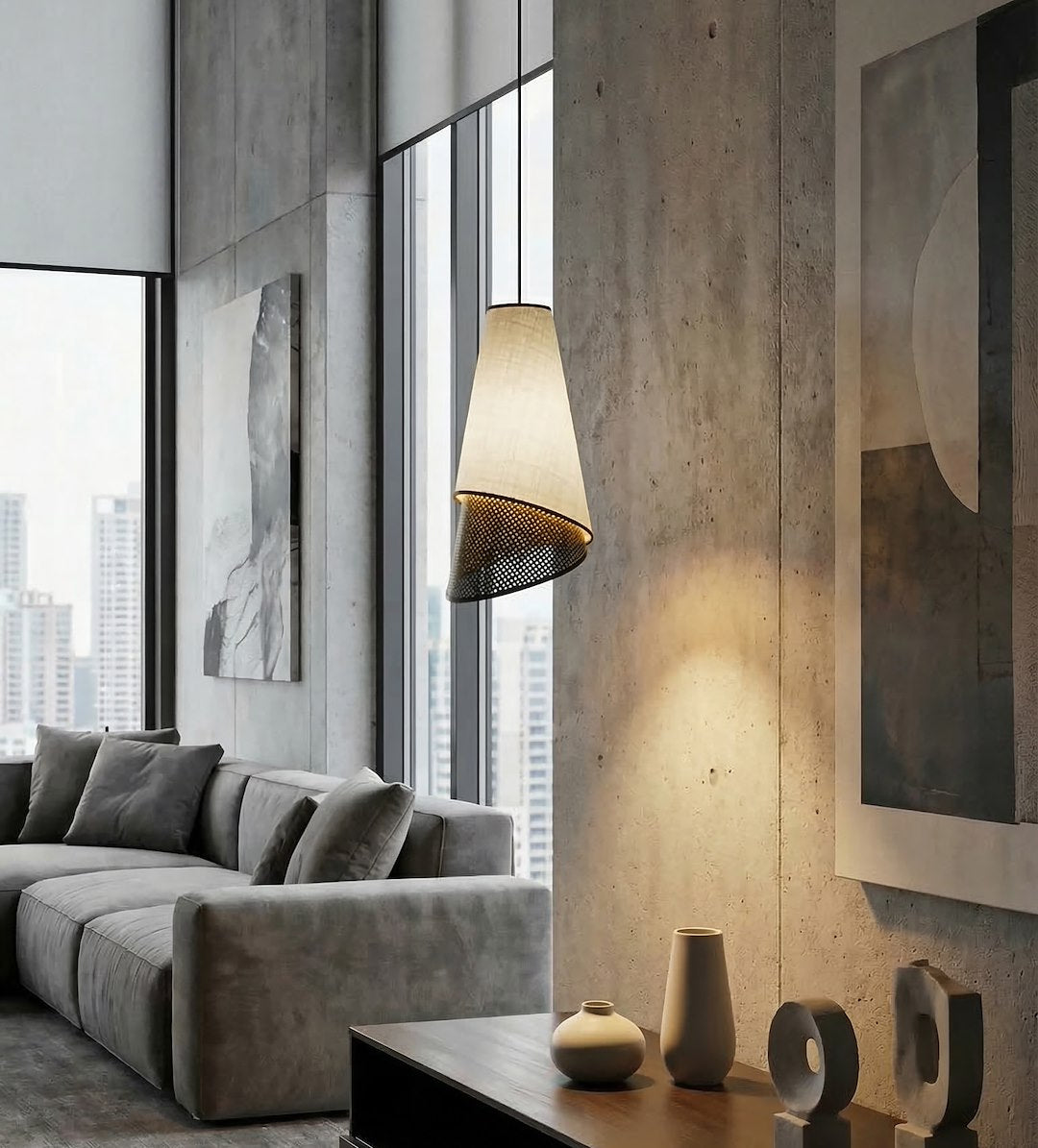 Intérieur moderne avec baie vitrée, suspension noire éclairée devant mur béton.