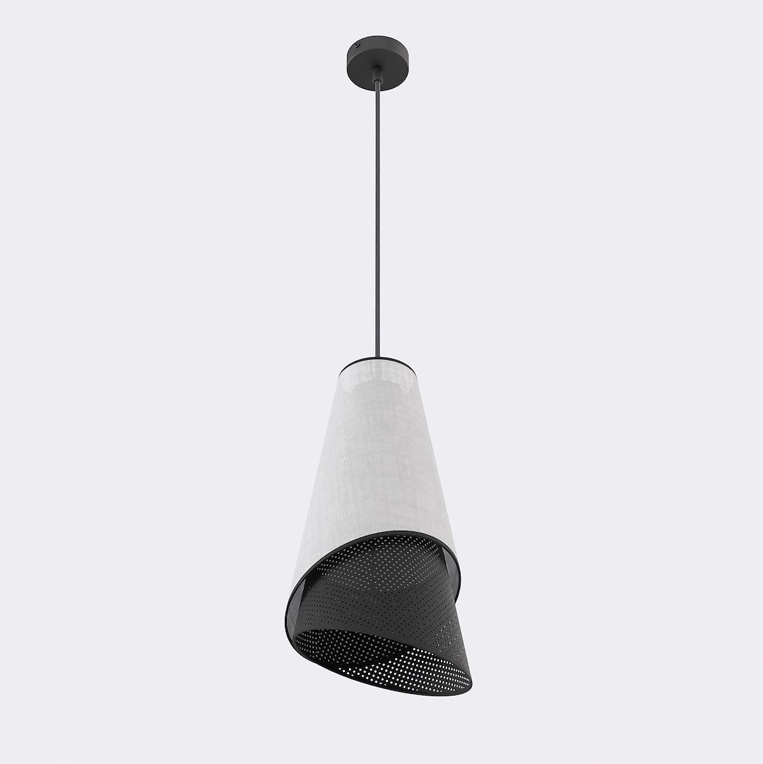 Nouvelle vue produit sur fond blanc, câble noir et abat-jour conique tissu gris.