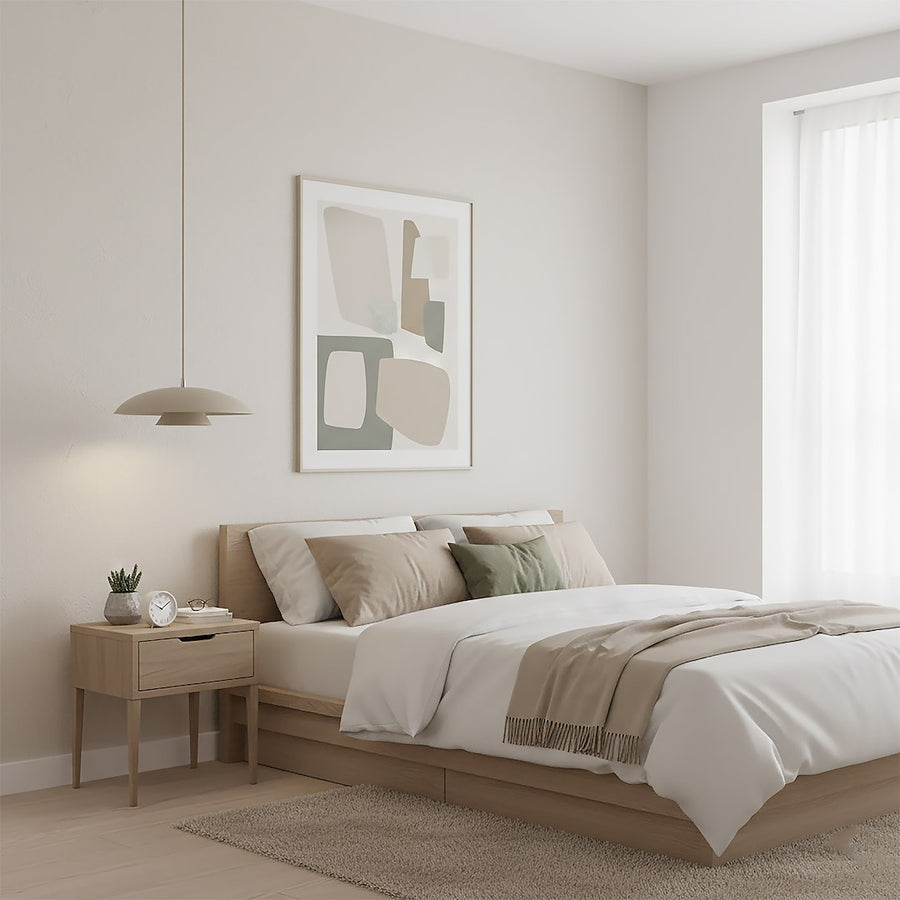 Ambiance chambre à coucher, suspension allumée au-dessus du chevet en bois clair.