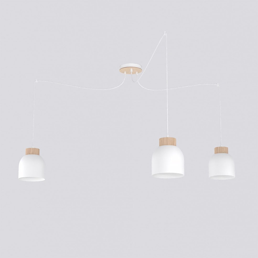 Suspension trois lumières blanche sur fond neutre, vue de face du produit