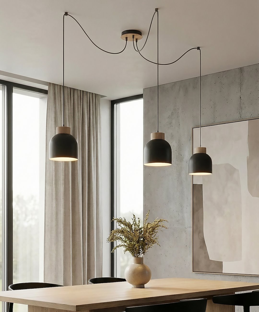 Mise en ambiance au-dessus d'une table de salle à manger, murs béton et grandes fenêtres.