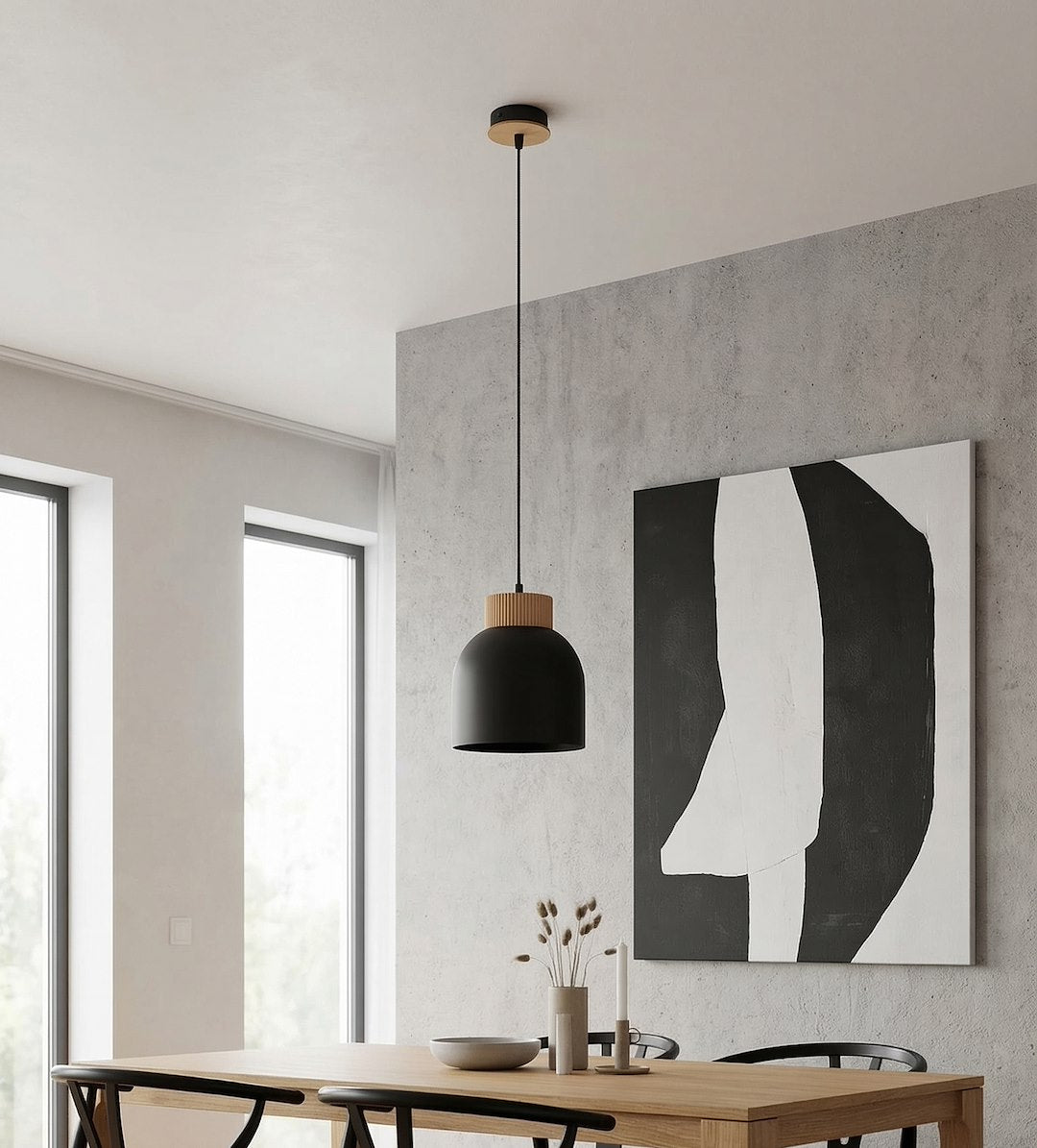 Mise en ambiance au-dessus d'une table de salle à manger contemporaine
