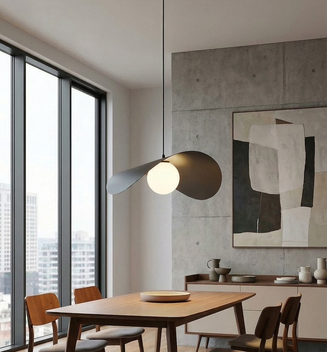 Suspension noire au-dessus d'une table en bois, intérieur design avec vue urbaine.