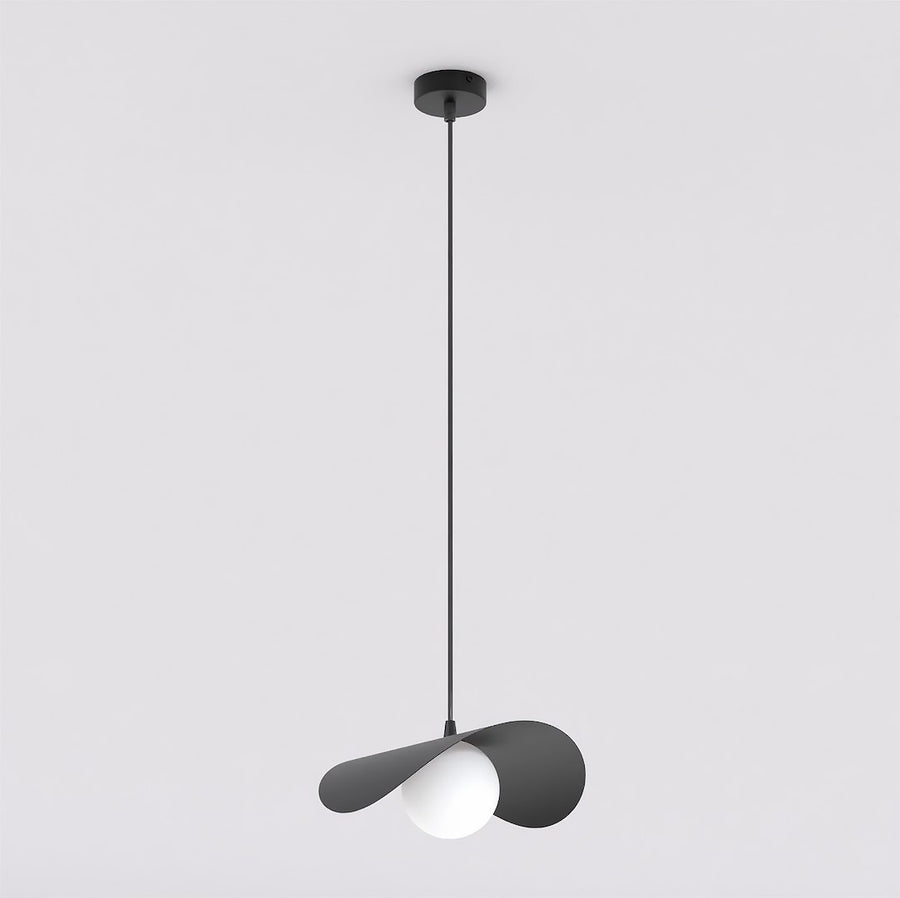 Vue produit de face sur fond gris clair, suspension noire et globe blanc