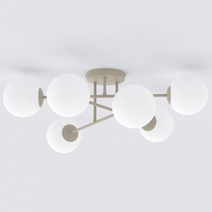Plafonnier vu de dessous, six globes de verre blanc sur bras beige