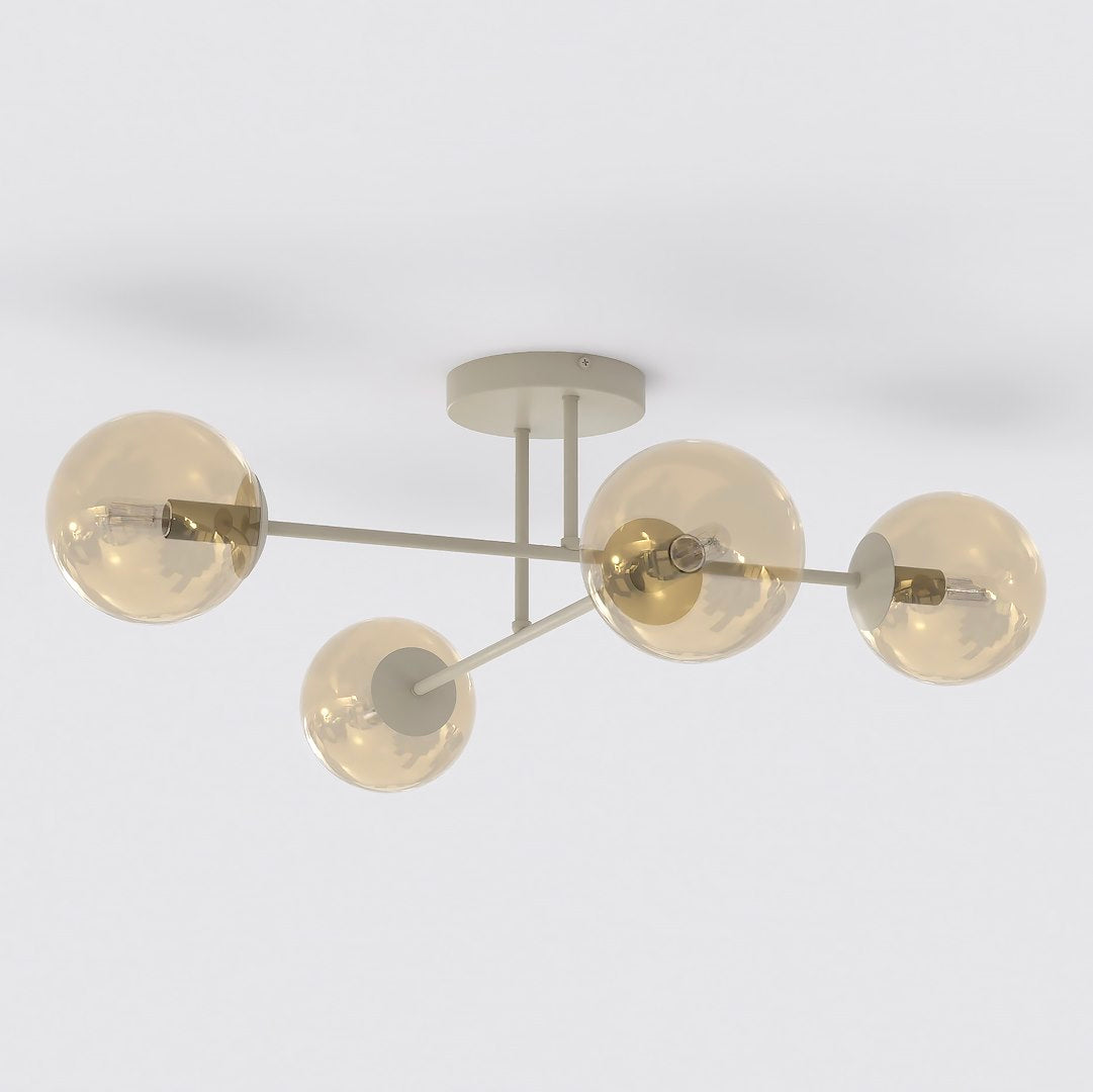 Plafonnier beige à quatre globes de verre ambré, vue produit sur fond neutre