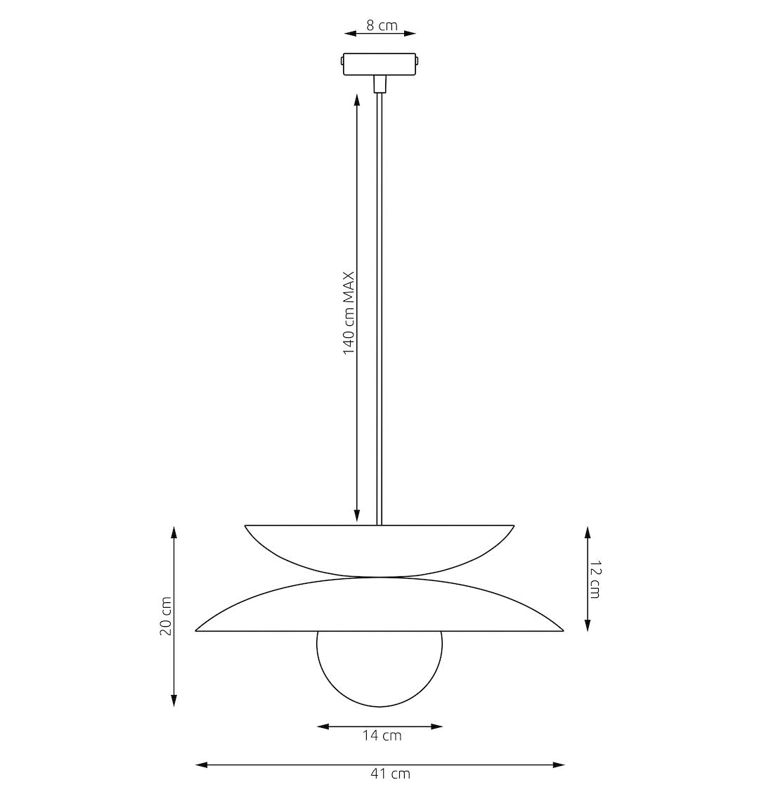 Schéma coté du luminaire, hauteur et diamètre des abat-jours et du globe
