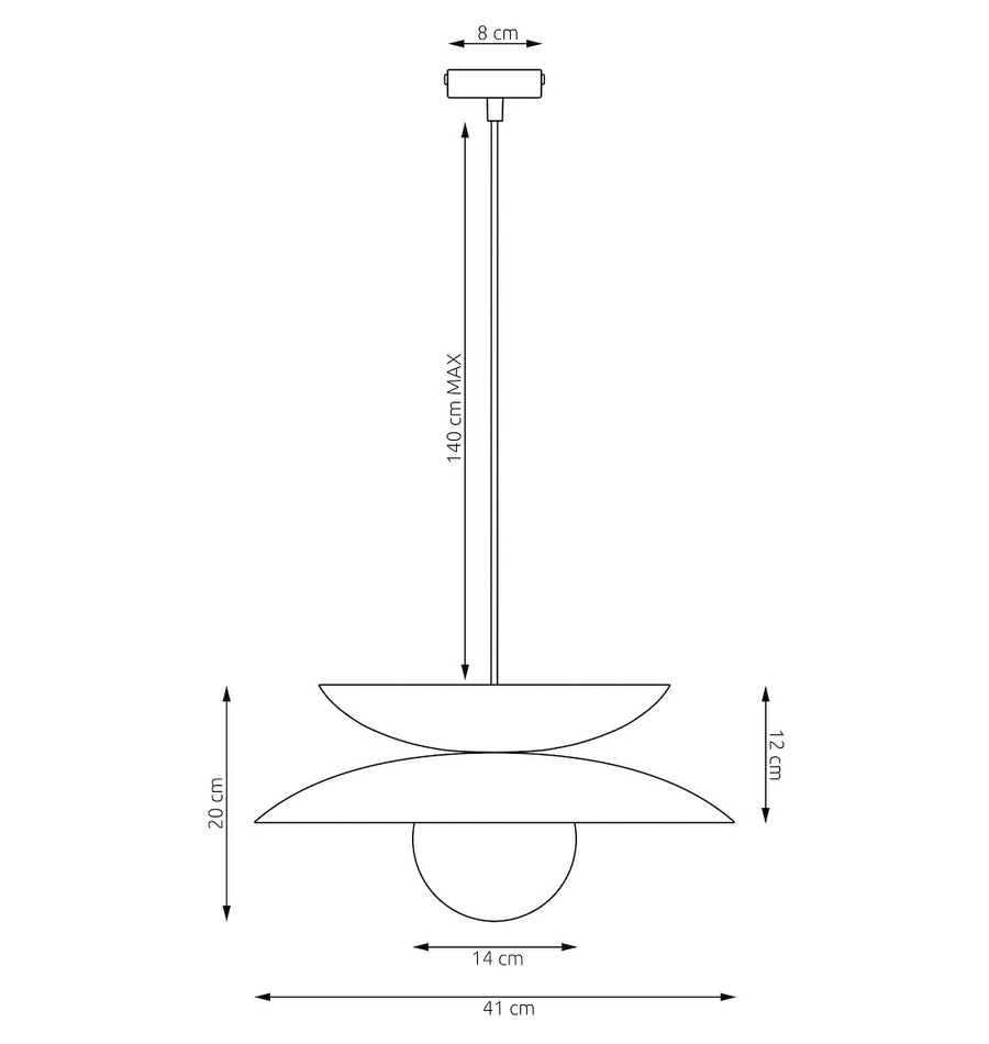 Schéma coté du luminaire, hauteur et diamètre des abat-jours et du globe