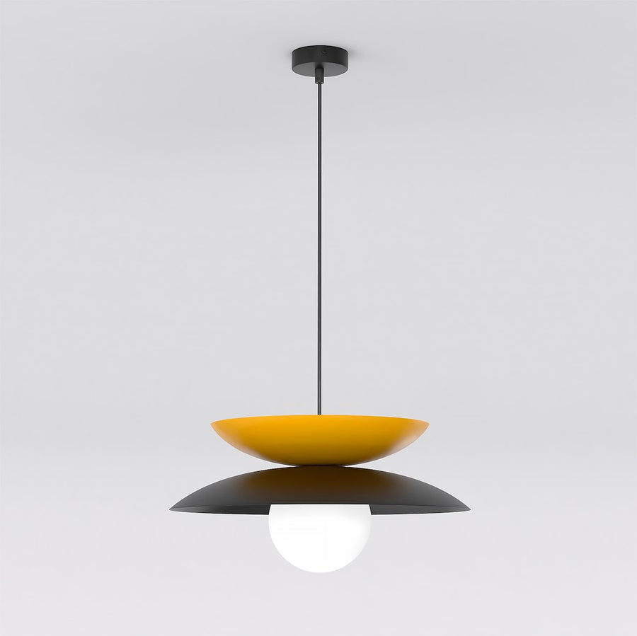 Suspension vue de face, disque noir, coupe orange et globe blanc