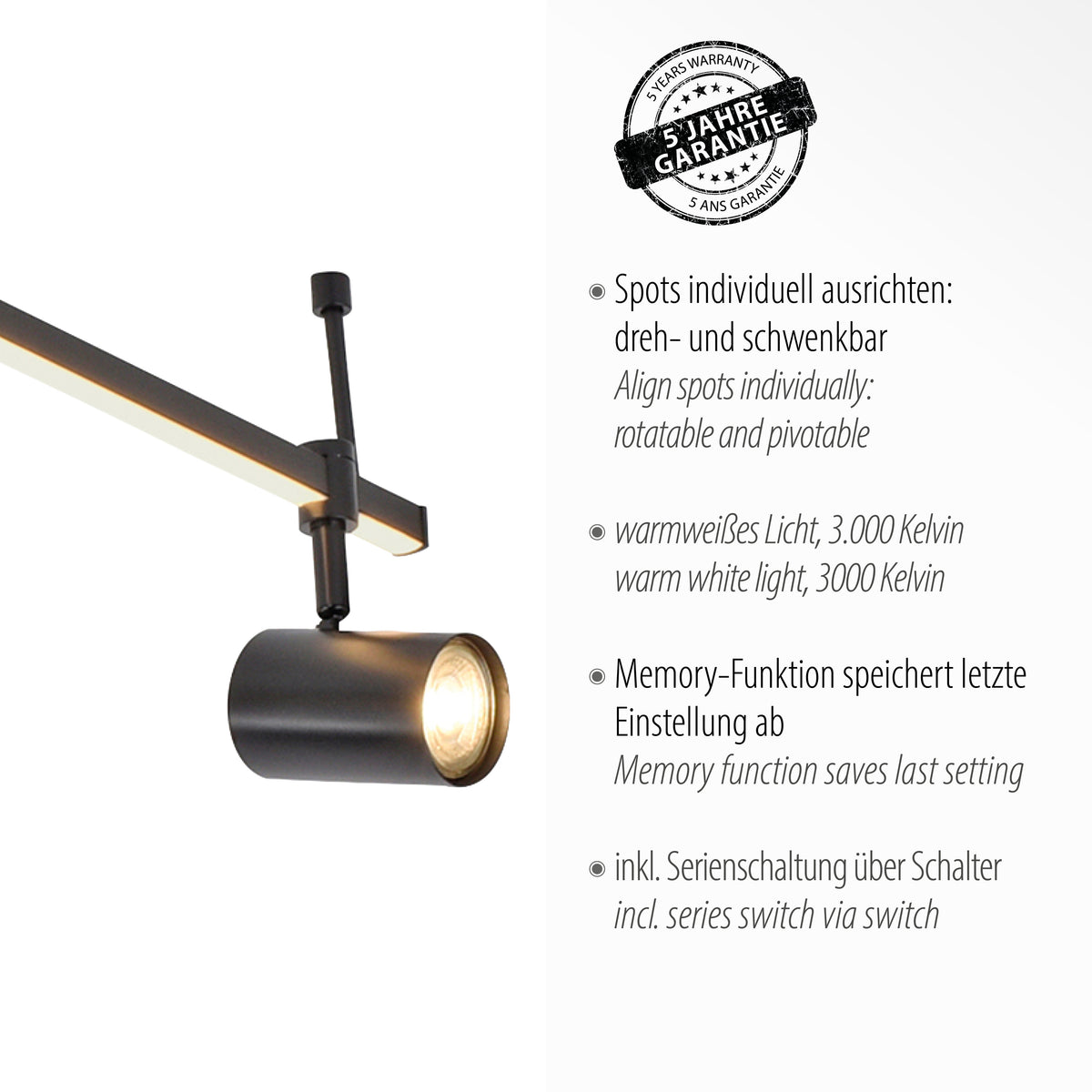 Gros plan sur une tête de spot orientable et mention lumière chaude 3000 K.