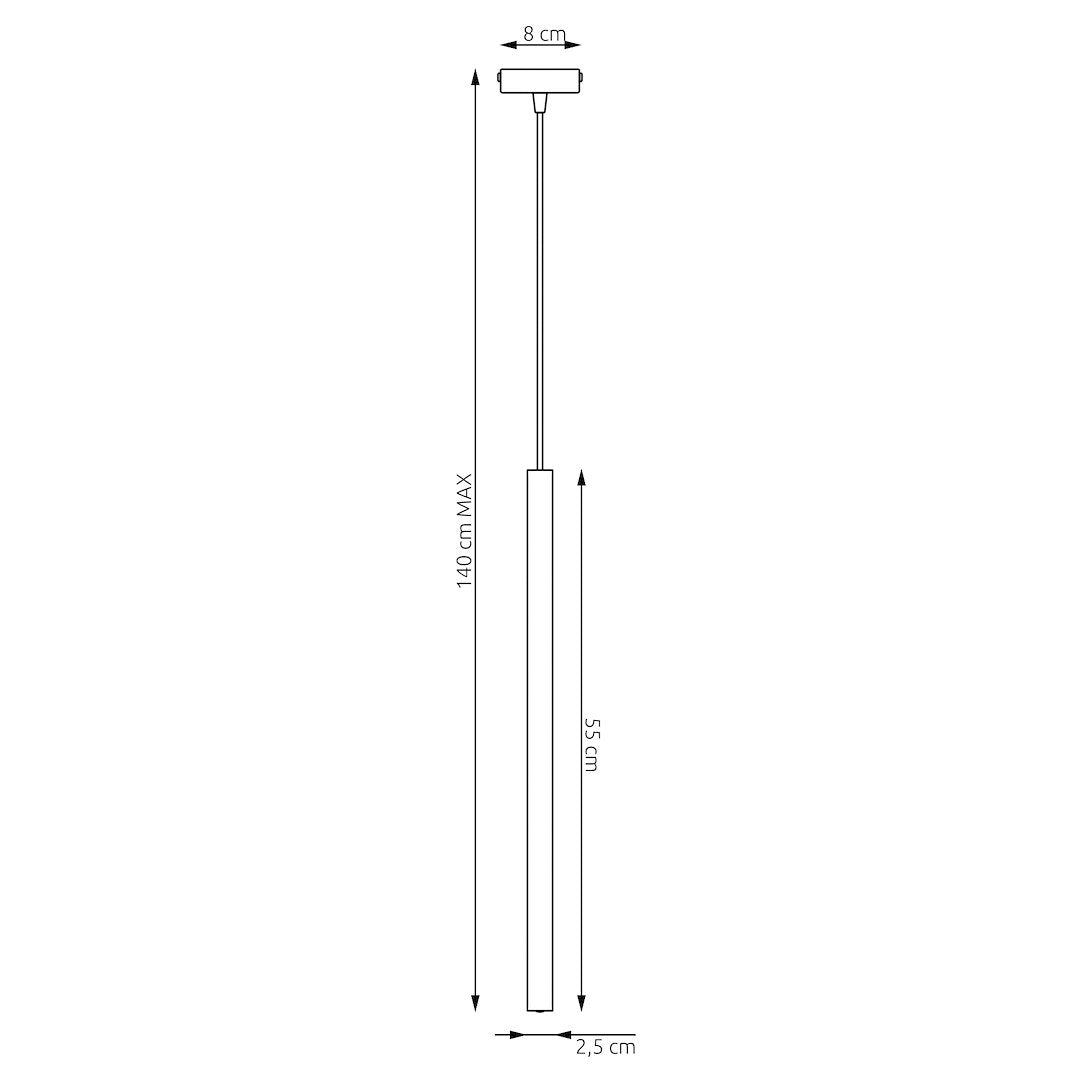 Schéma coté du luminaire, hauteur maximale et dimensions du tube