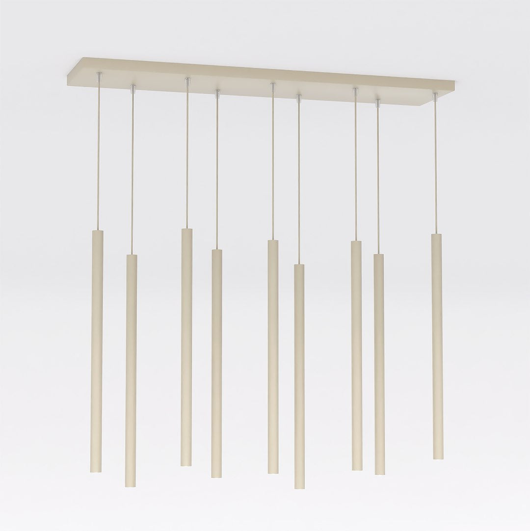 Produit de face, neuf tubes beige suspendus sous un support rectangulaire fin