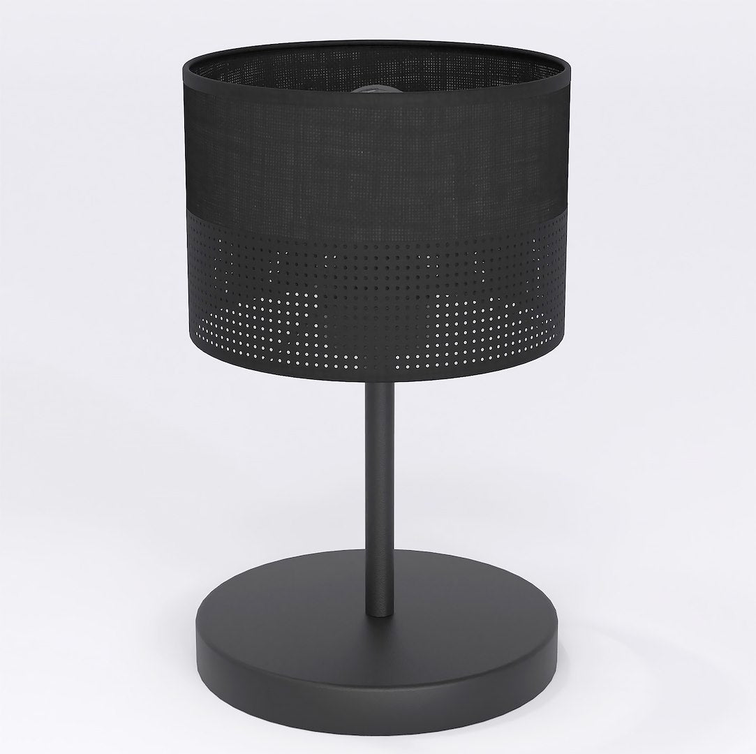 Lampe à poser noire de face, abat-jour cylindrique et base ronde, fond blanc