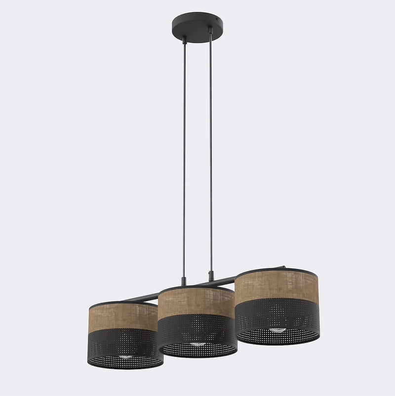 Suspension Karbon 3 lumières noire, tissu marron, H 20 cm