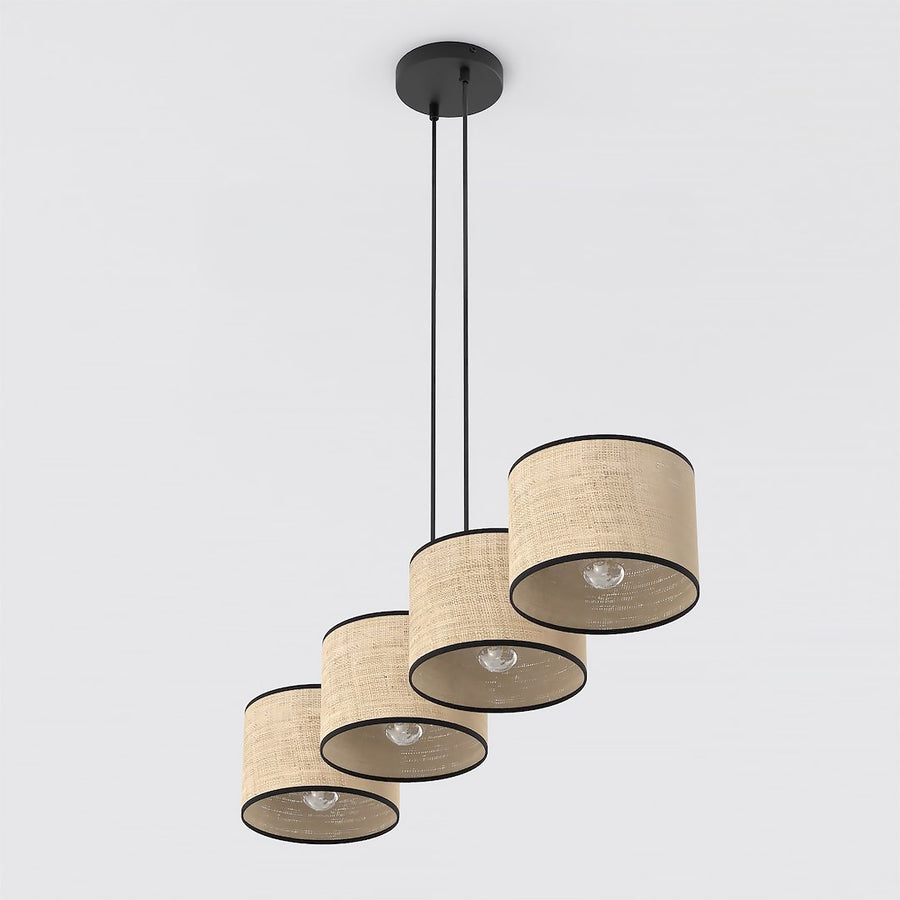 Suspension Eco 4 lumières noire, rotin