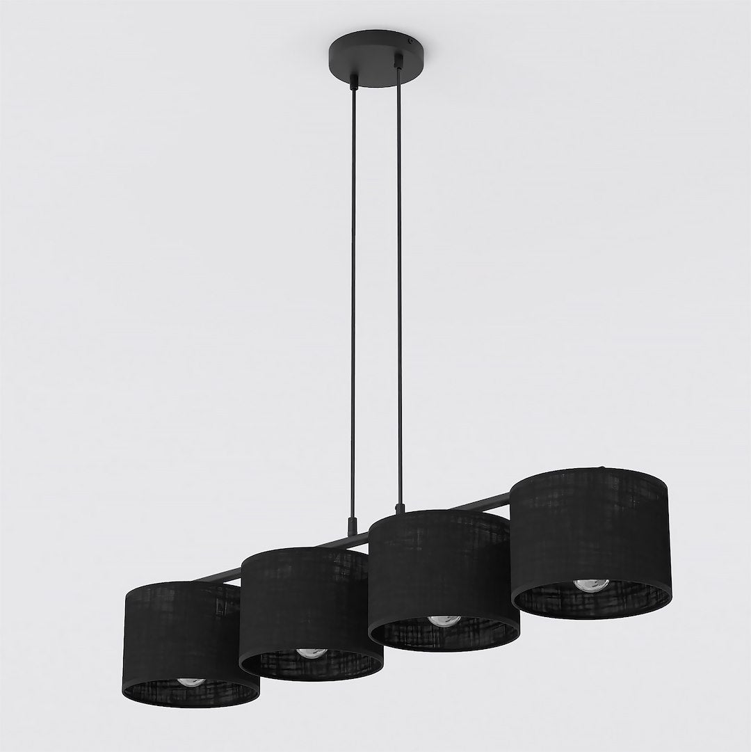 Suspension noire à quatre abat-jours cylindriques en tissu, vue de face sur fond blanc.