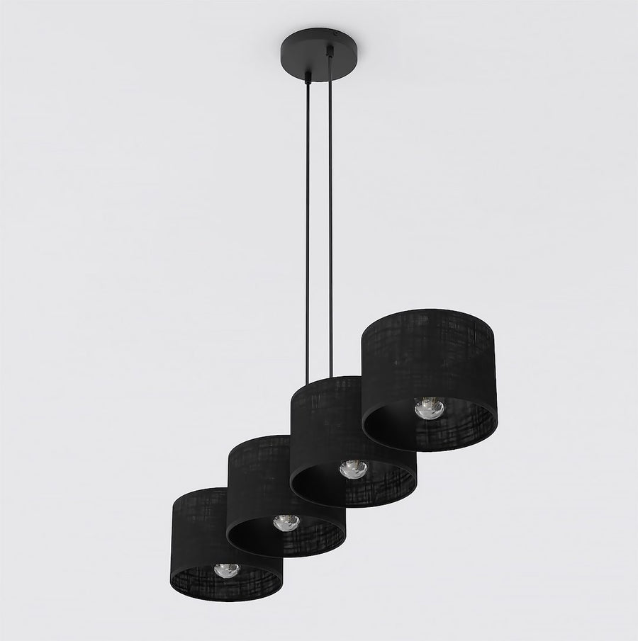 Vue de trois quarts du luminaire décalé, montrant les quatre cylindres et leur structure.