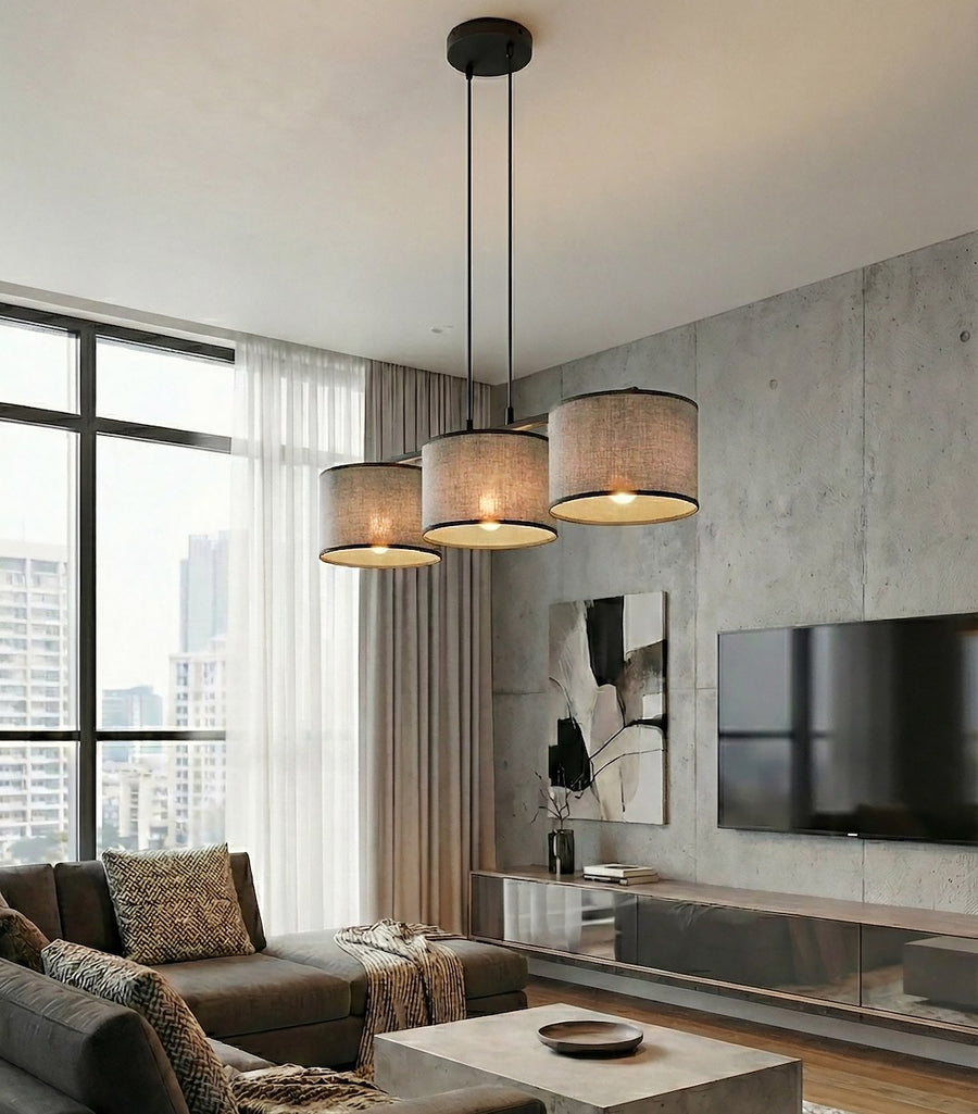 Suspension Eco 3 lumières grise, tissu gris