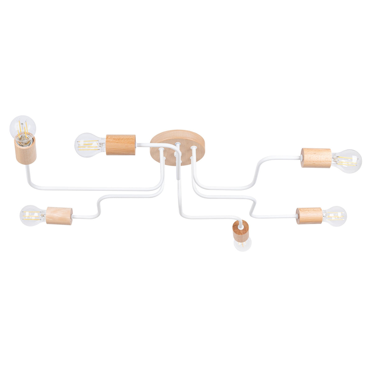 Vue de face du lustre six bras blancs recourbés et douilles en bois clair